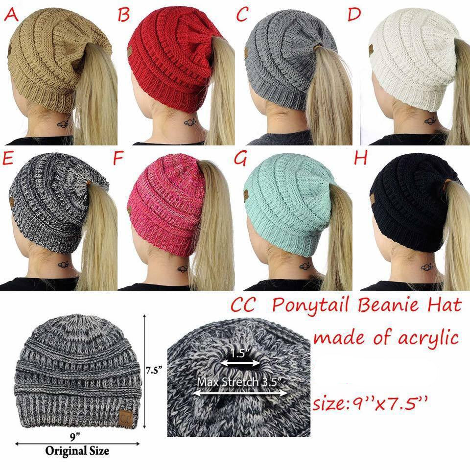Collection of ponytail beanies in various colors with measurements and details.