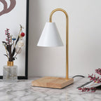 Table lamp with white shade and wooden base on a marble surface, with measurements displayed.