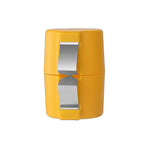 Yellow and silver eggshell opener on a white background