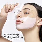 Woman wearing a collagen mask with text indicating it's the best-selling product.