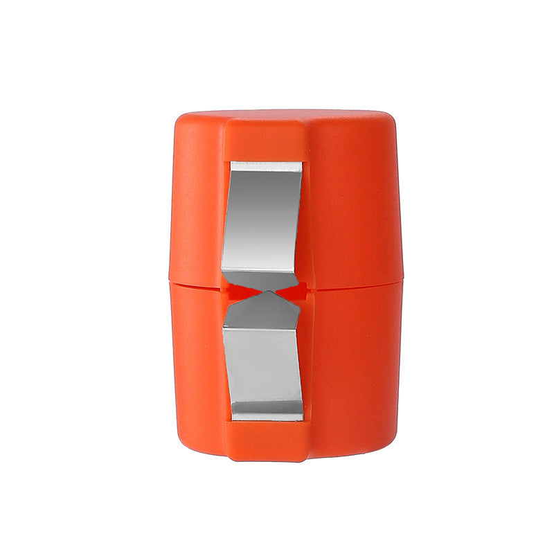 Orange and silver eggshell opener on a white background