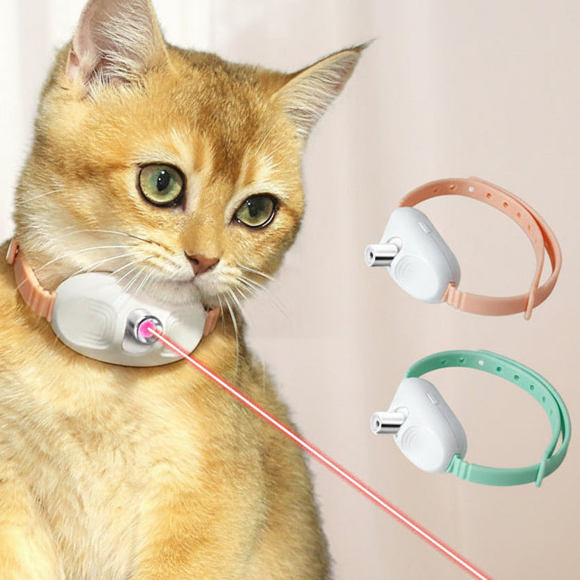 Cat wearing a pet toy with laser feature, accompanied by two additional toys on a light background.