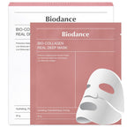 Biodance Bio-Collagen Real Deep Mask packaging with a white mask on a pink background