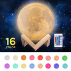 Moon-shaped lamp with remote control and color-changing options against a starry night sky background.