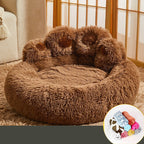 Brown fluffy Bear Paw Pet Sofa Bed on a carpeted floor.