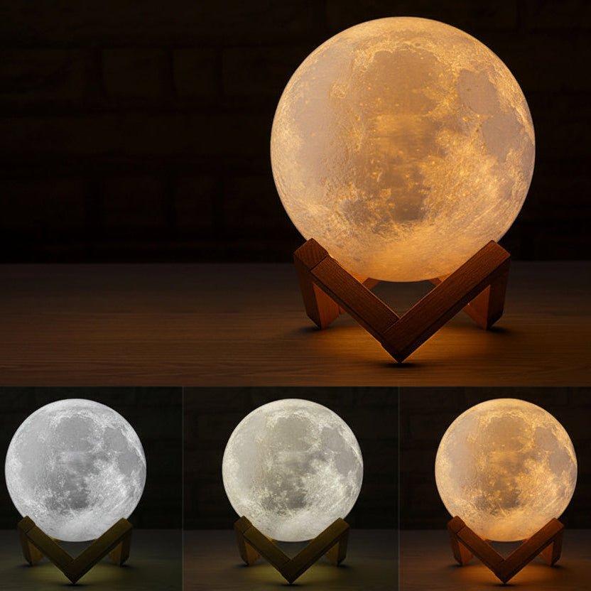 Moon-shaped lamp with three color options on a dark background