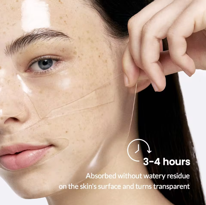 Close-up of a person applying skincare product to their face with text indicating absorption time.
