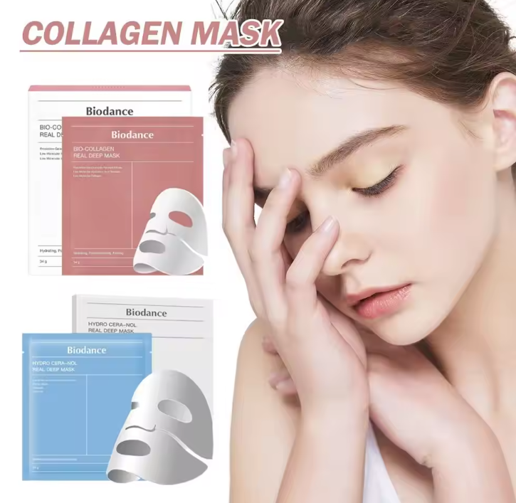 Collagen mask packaging with a woman applying a mask, featuring Biodance brand.